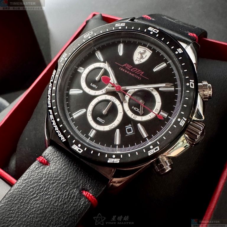 [星晴錶業]FERRARI手錶,46mm,FE00084黑色錶面銀錶殼深黑色真皮皮革錶帶款, , large