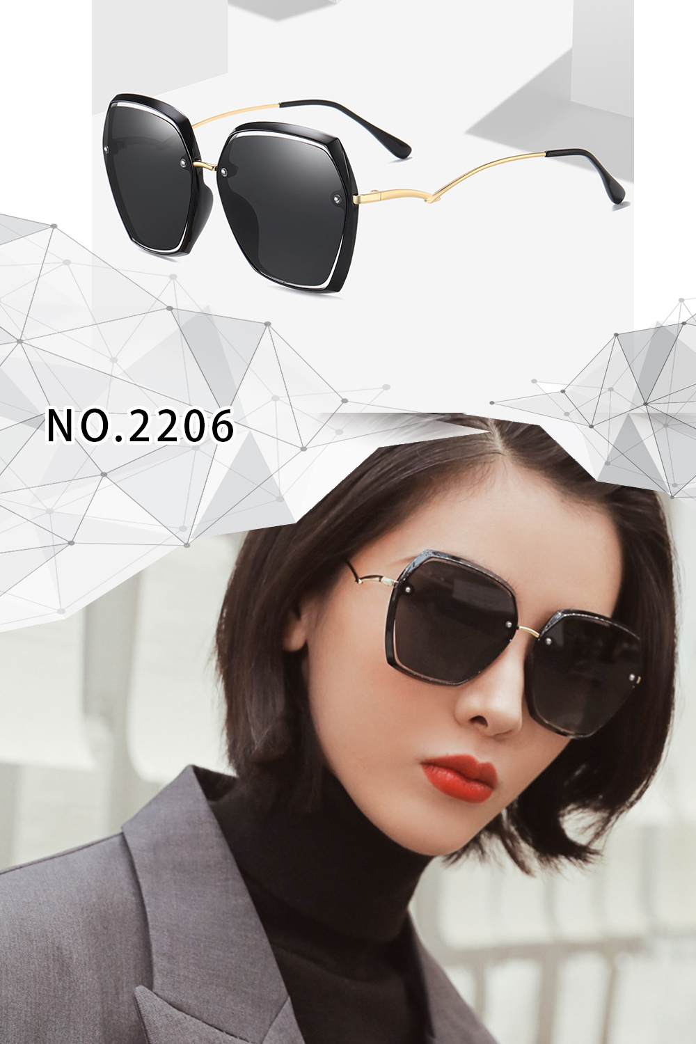 MEGASOL UV400防眩偏光太陽眼鏡時尚男女中性大框墨鏡(幾何簍空矩方大框2206-多色選) 金茶, 金茶, large