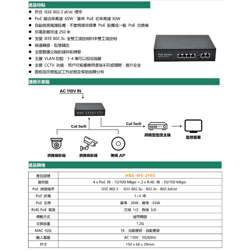 昌運監視器 HBS-4FE-2FES 4埠 10/100M FE PoE 網路交換機 交換器(以PSW-042FE-AI替代出貨), , large