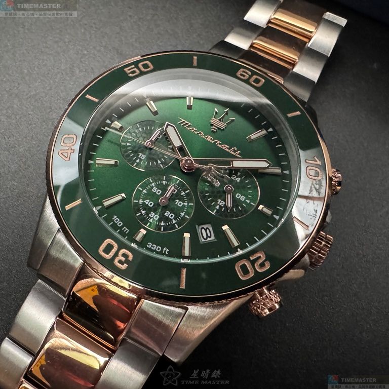 [星晴錶業]MASERATI手錶,44mm,R8873600004墨綠色錶面金綠色錶殼金銀相間精鋼錶帶款, , large