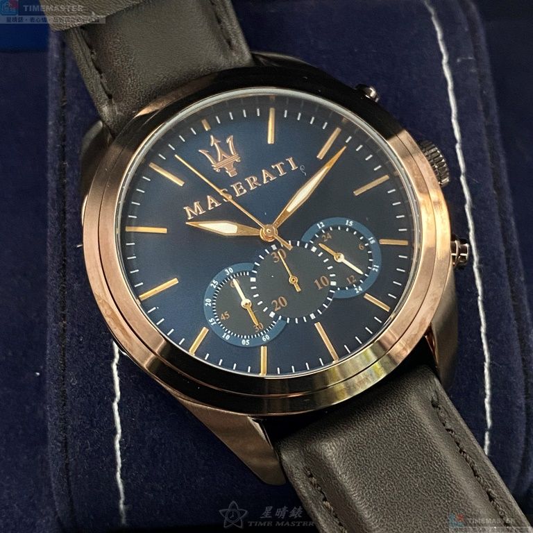 [星晴錶業]MASERATI手錶,46mm,R8871612008寶藍色錶面古銅色錶殼咖啡色真皮皮革錶帶款, , large
