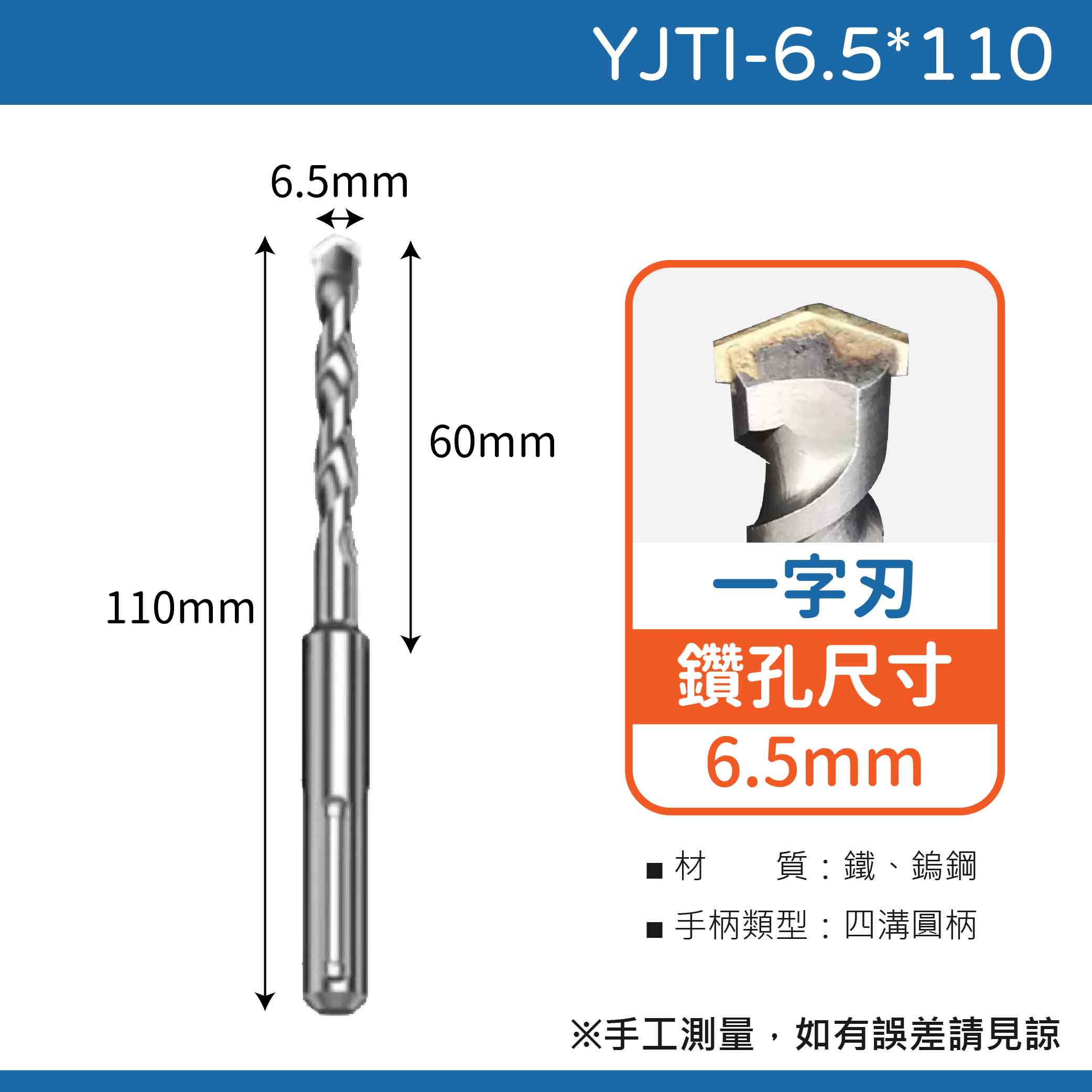 鉅玉經典｜TIGER虎牌  一字刃四溝水泥鑽尾 YJTI-6.5*110, , large