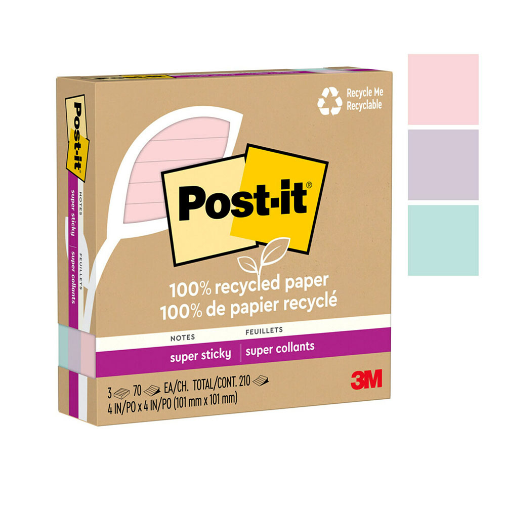 【3M】Post-it 利貼 狠黏 環保橫格便條紙 101x101mm（70張 /本）混色3本 /盒 675R-3SSNRP, , large