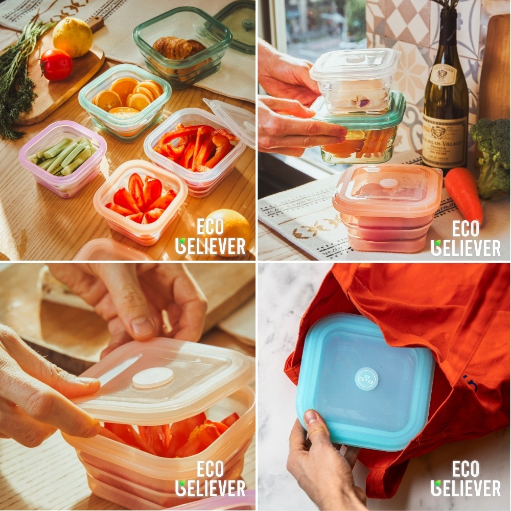 JC ECO BELIEVER Collapsible Silicone Food Storage Containers, BPA Free, Microwave, Freezer and Dishwasher Safe, Green 600ml, , large