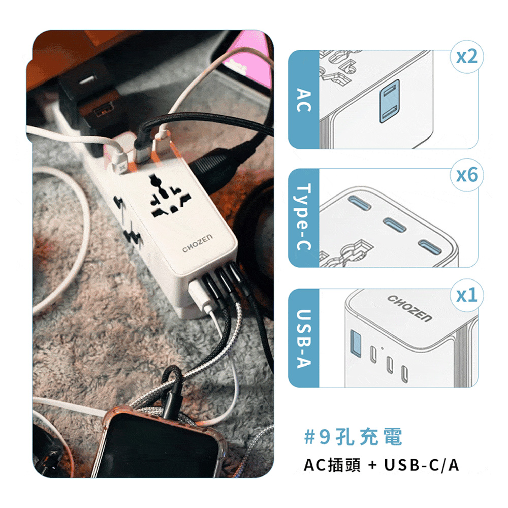 【CHOZEN】萬國轉接插座 205W GaN氮化鎵｜PD3.1 USB-C快充 9孔輸出 旅行出國必備(贈收納盒), , large