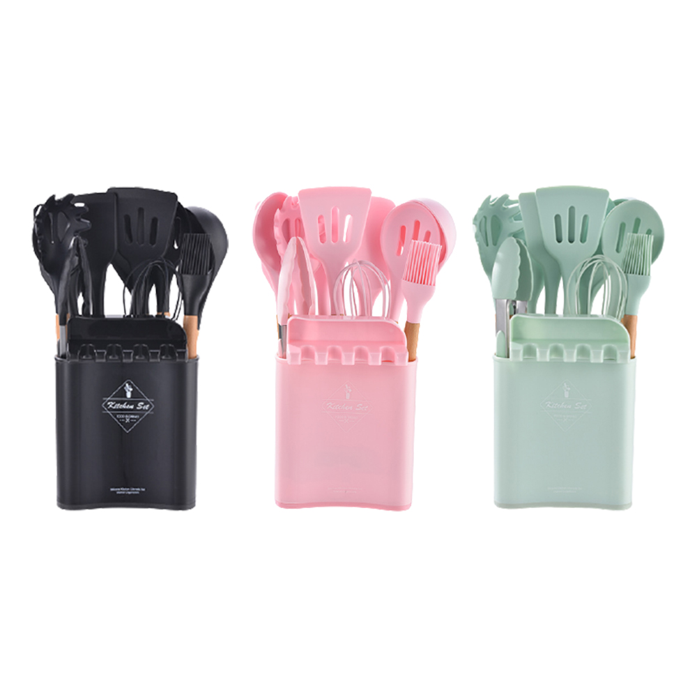 [High-Quality Living] Non-stick Silicone Pan and Spatula Set (12+1 Pieces) | Food Grade | Beechwood Kitchenware | Won't Damage Pans | Spatula Holder | Silicone Kitchenware | Kitchen | Pot Lid Rack Storage, , large