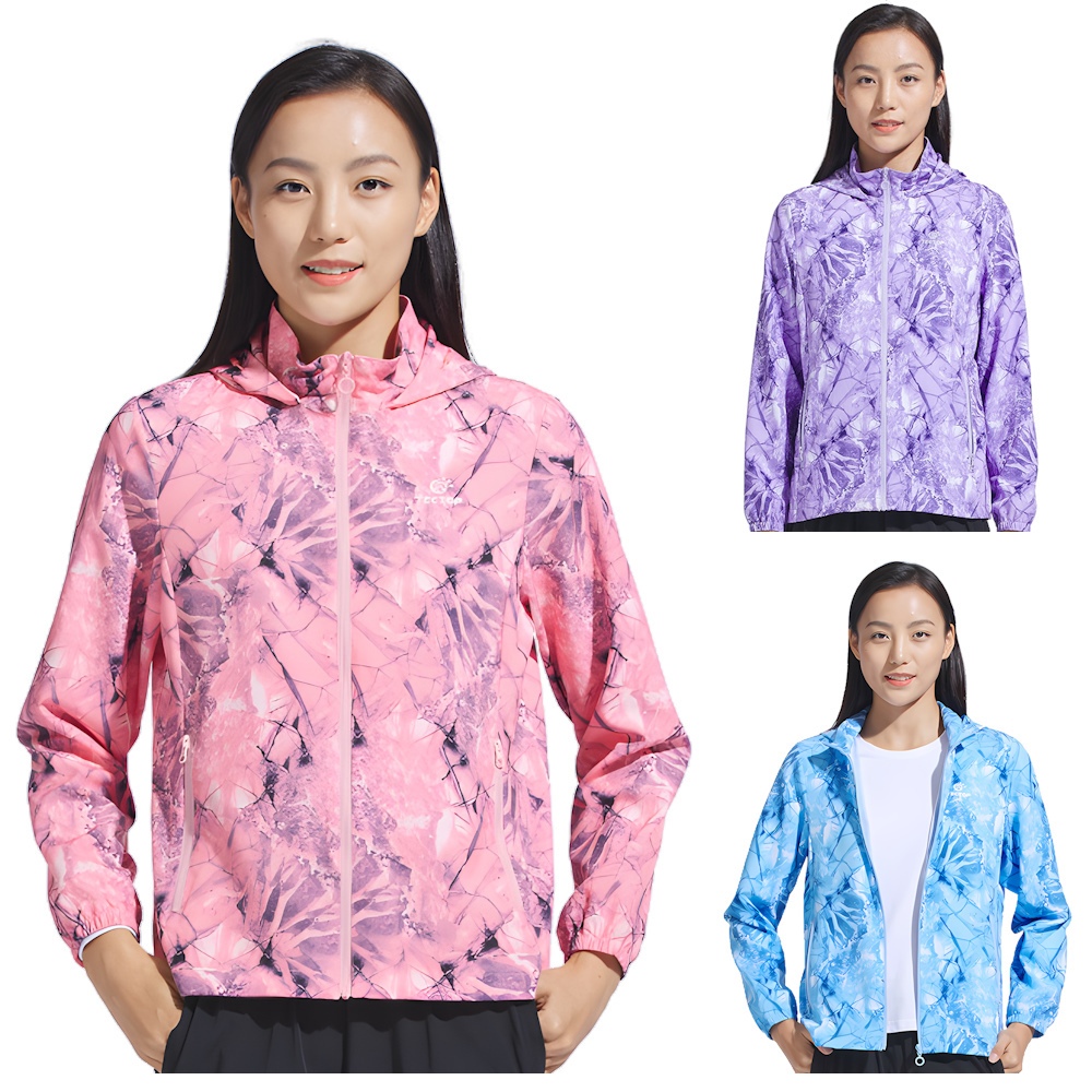 620038女款印花連帽彈力防曬外套 (拉鍊口袋 彈力舒適 連帽遮陽 防曬抗UV), , large