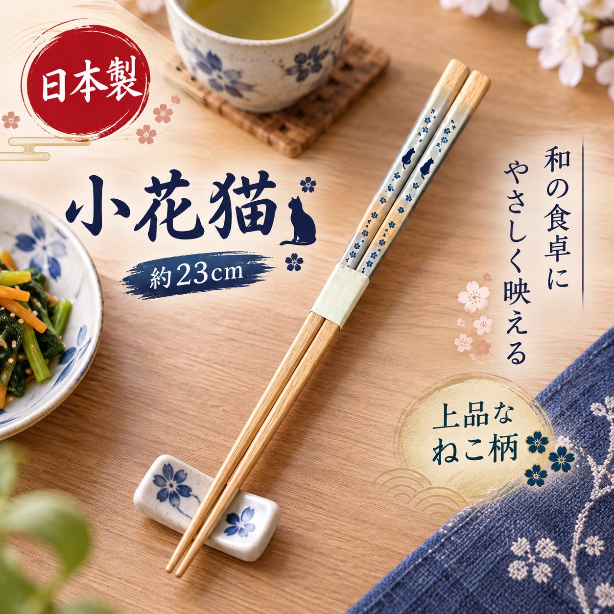 【HIYASU日安工坊】日本工藝箸-小花貓 藍 23cm, , large