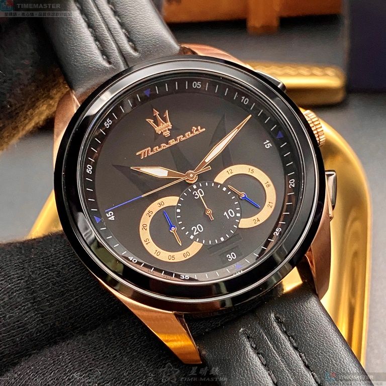 [星晴錶業]MASERATI手錶,46mm,R88716120252黑色錶面黑錶殼深黑色真皮皮革錶帶款, , large