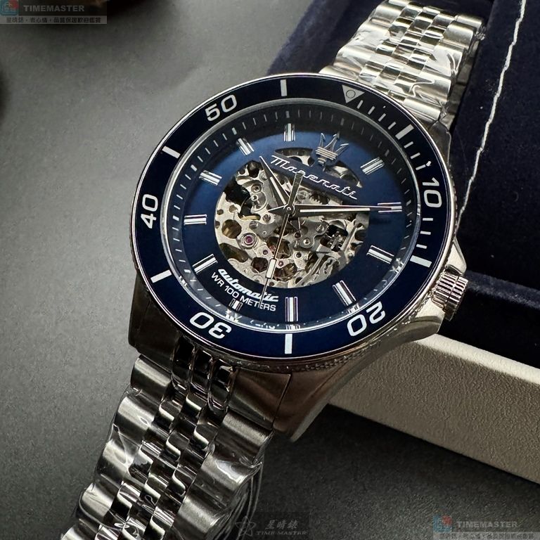 [星晴錶業]MASERATI手錶,44mm,R8823140011銀寶藍色雙面機械鏤空錶面寶藍錶殼銀色精鋼錶帶款, , large