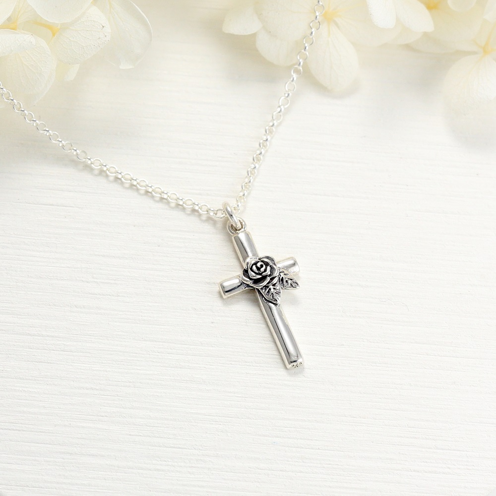 【Angel & Me】Rose Cross 925 sterling silver necklace Christmas Valentine Day gift, , large