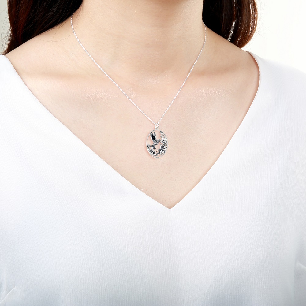 【Angel & Me】Hummingbird and Flower s925 sterling silver necklace birthday gift, , large
