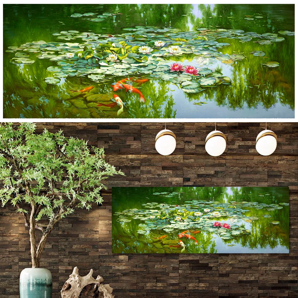 【御畫房】荷塘春色 國家一級畫師手繪油畫60&times;120cm(VF-38), , large