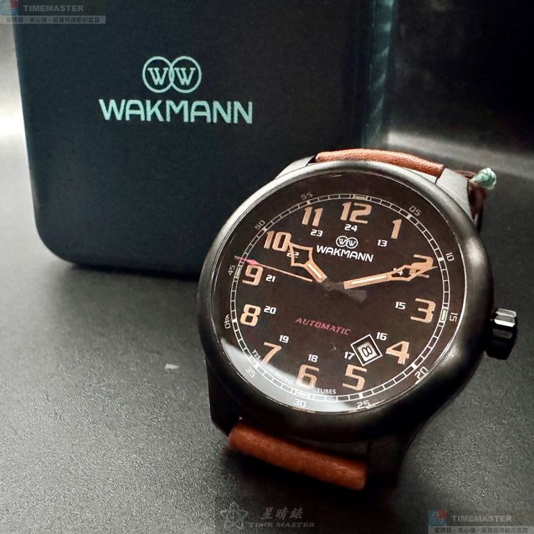 [星晴錶業]WAKMANN手錶,44mm,WA00038黑色錶面黑錶殼咖啡色真皮皮革錶帶款, , large