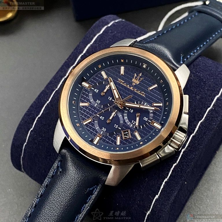 [星晴錶業]MASERATI手錶,44mm,R8871621015寶藍色錶面玫瑰金錶殼寶藍真皮皮革錶帶款, , large