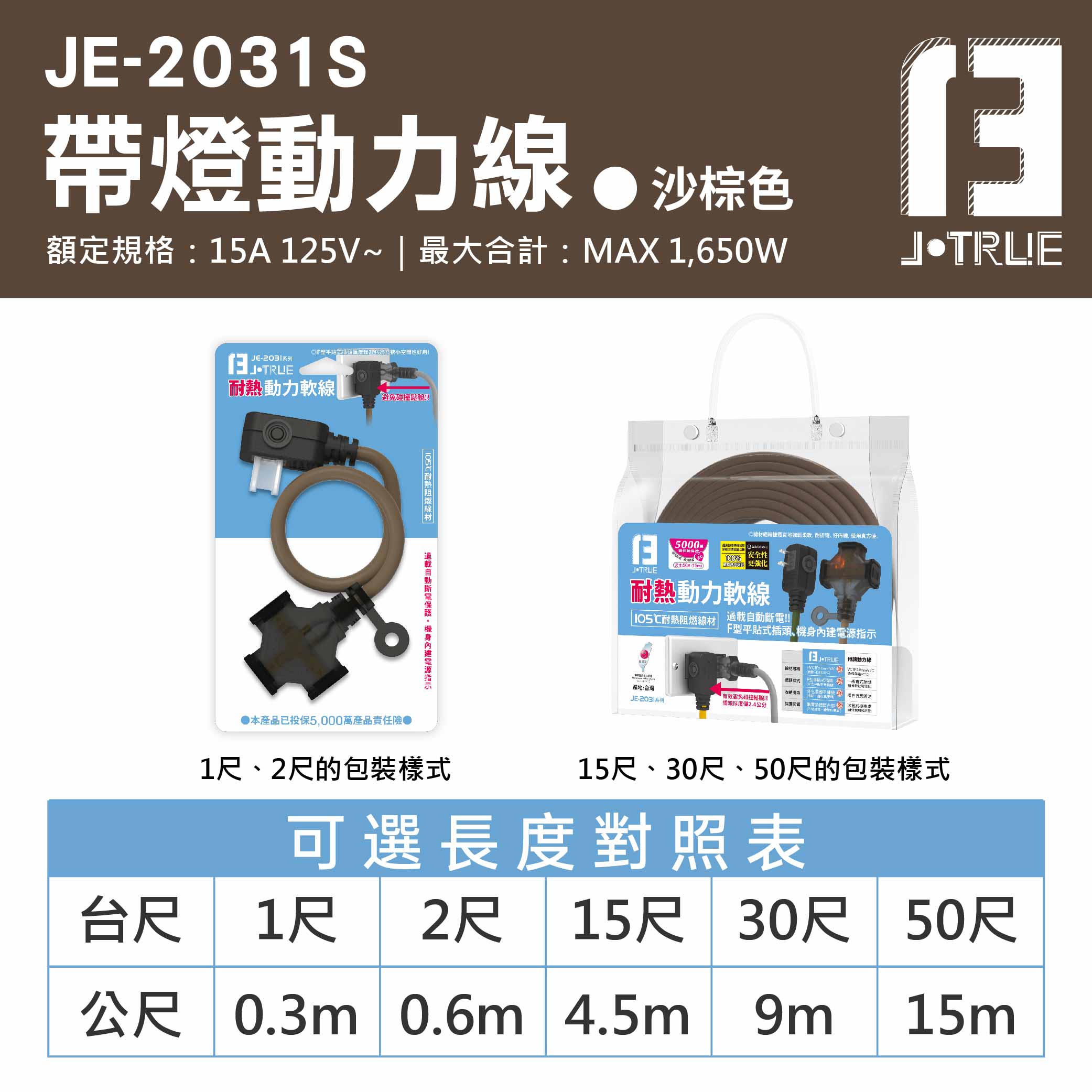鉅玉經典｜露營帶燈動力線 沙棕色 2芯2.0 2尺 JE-2031S-2, , large