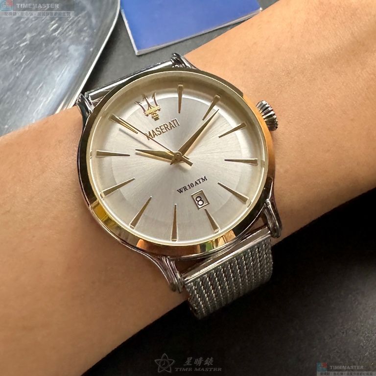[星晴錶業]MASERATI手錶,42mm,R8853118001銀白色錶面金色錶殼銀色精鋼錶帶款, , large