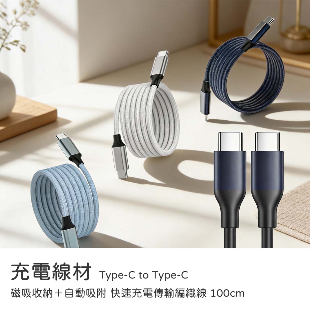【山水之寶】Type-C to Type-C 100cm 磁吸收納＋自動吸附 快速充電傳輸編織線 充電線材 蘋果/安卓均適用, , large