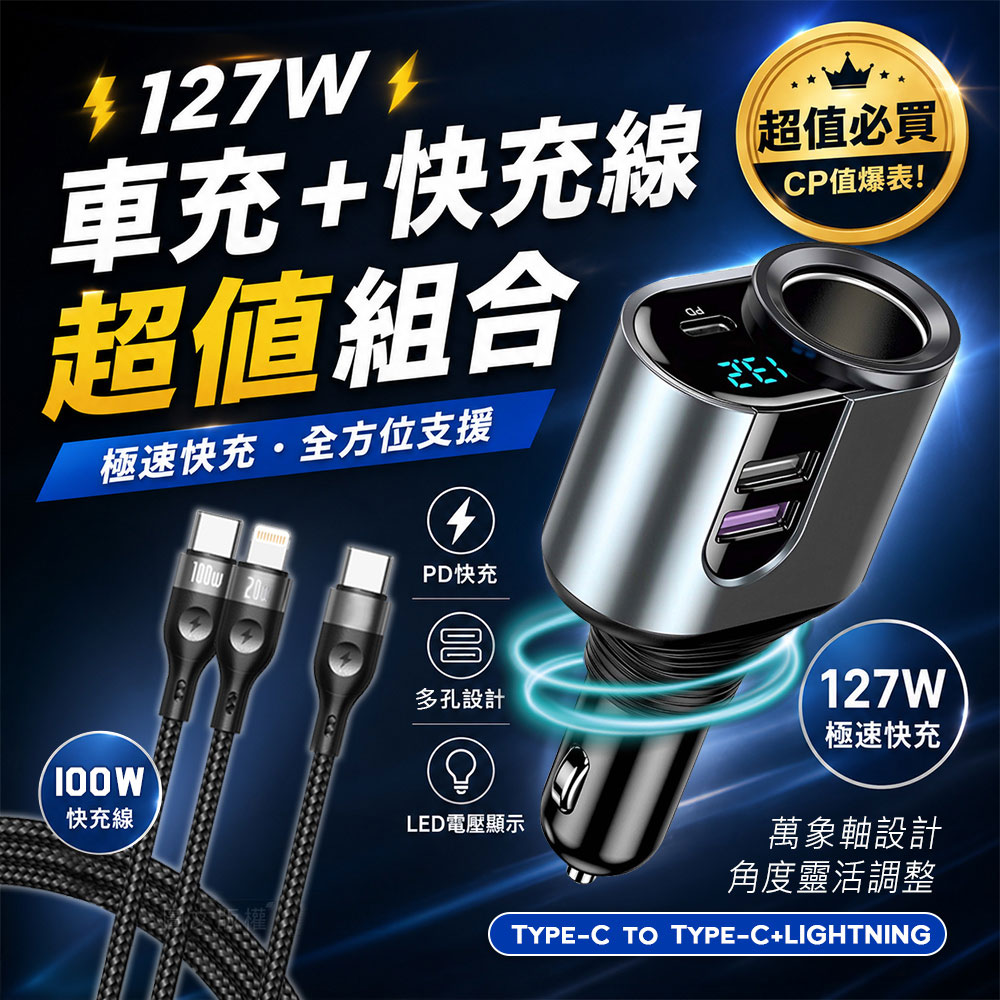 Songwin 127W大輸出 PD+QC金屬萬向軸車充+100W 一拖二 Type-C to Type-C+Lightning 編織快充線, , large