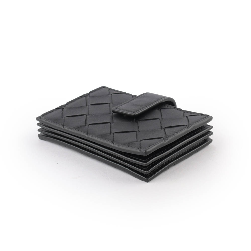 BOTTEGA VENETA 小牛皮編織風琴式壓釦卡片夾/黑色, , large