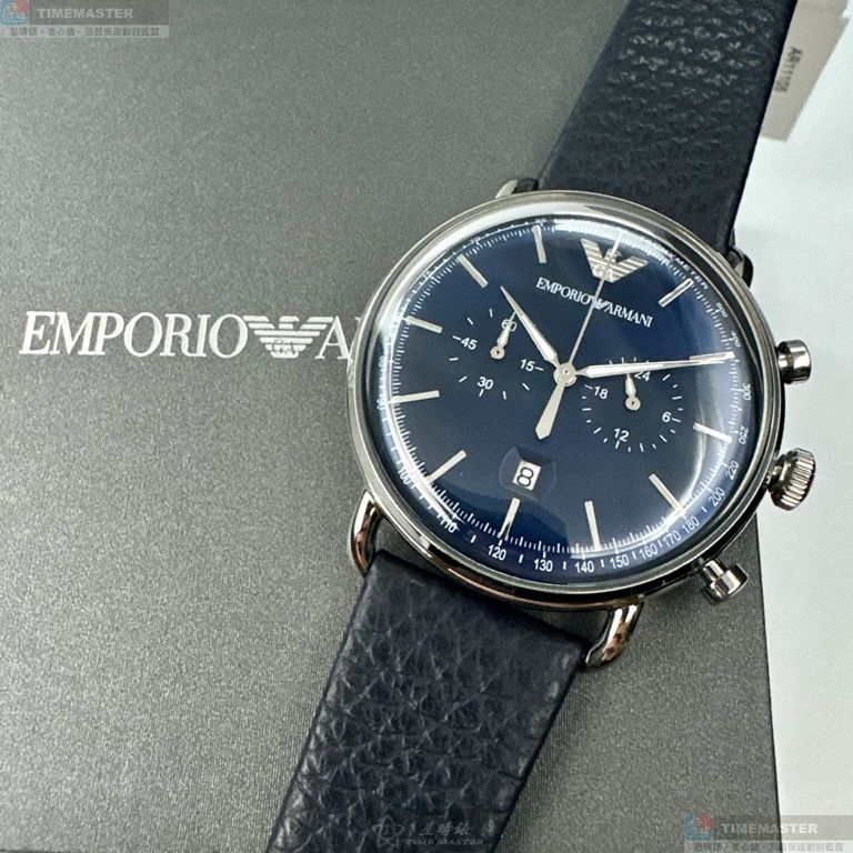 [星晴錶業]ARMANI手錶,42mm,AR00085寶藍色錶面銀錶殼深黑色真皮皮革錶帶款, , large