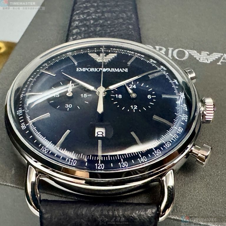 [星晴錶業]ARMANI手錶,42mm,AR00085寶藍色錶面銀錶殼深黑色真皮皮革錶帶款, , large