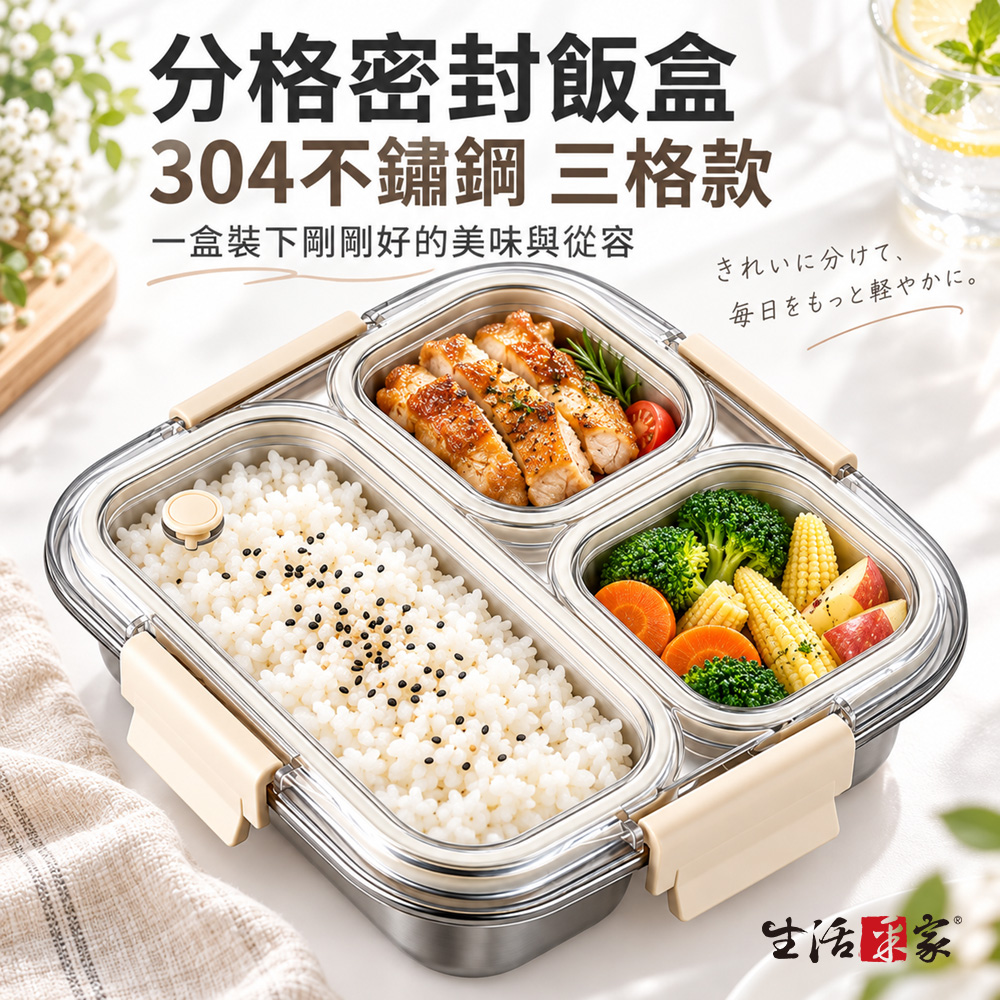 生活采家︱分格密封加厚便當飯盒 850ml 三格款 304不鏽鋼 密封午餐盒 四面卡扣 防串味 冰箱備餐, , large