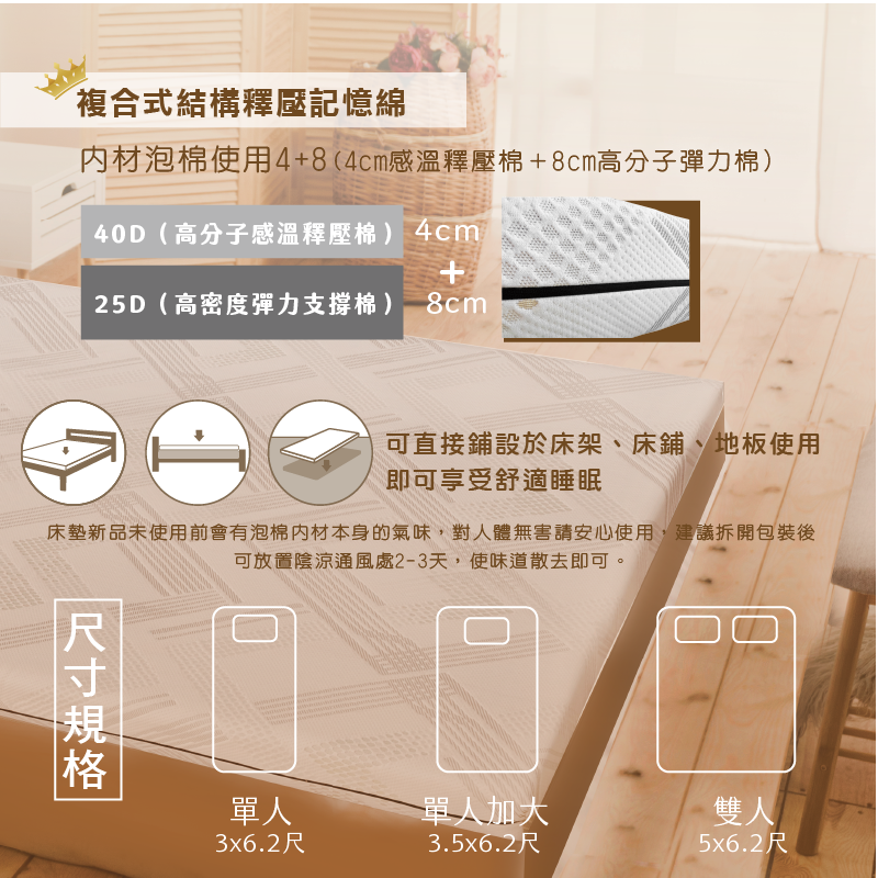 Hokun感溫抗菌12公分釋壓床墊單大, , large
