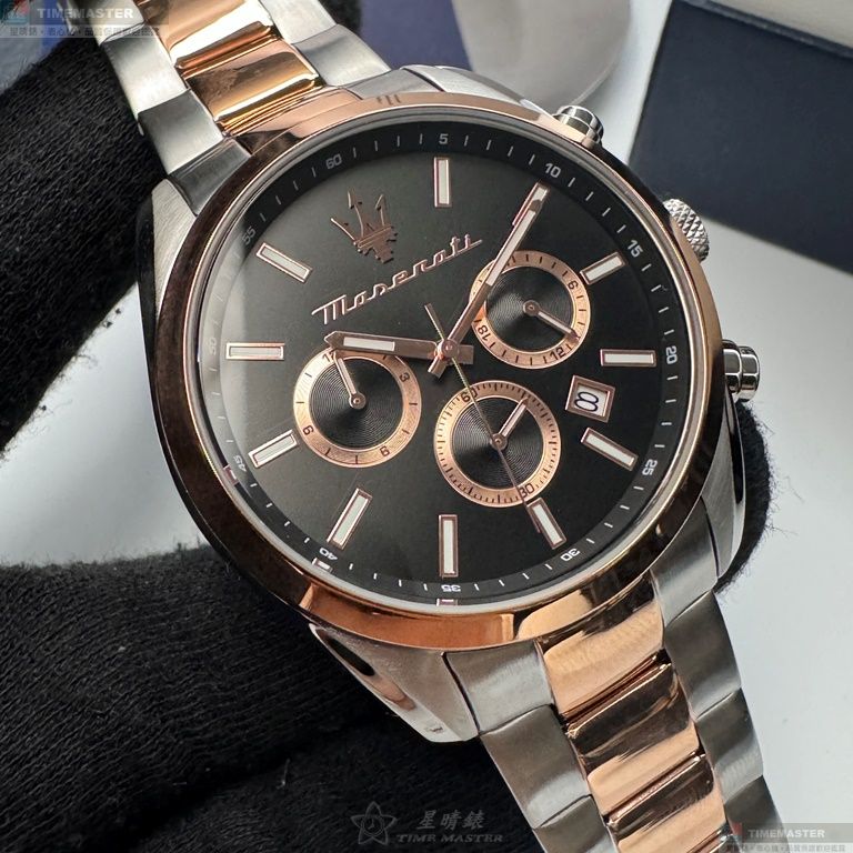 [星晴錶業]MASERATI手錶,42mm,R8853151002黑色錶面玫瑰金錶殼金銀相間精鋼錶帶款, , large
