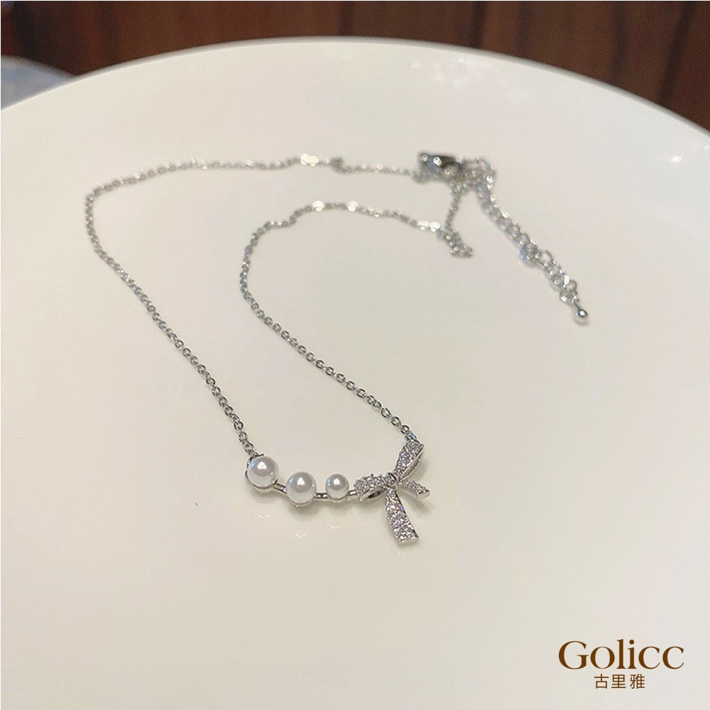 【Gulicc】古莉可 項鍊 氣質 蝴蝶結 珍珠鎖骨鍊 項鍊, , large