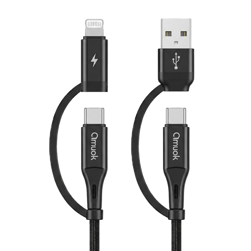 【amuok】四合一60W充電線 150cm USB-A+Type-C to Type-C+Lightning 多合一充電線, 黑色_150cm, large