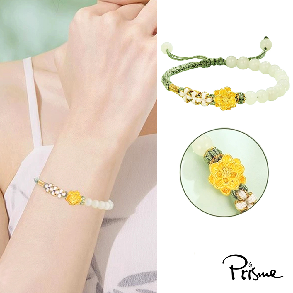 【Prisme Gold】黃金手鍊 蓮花 綠珠編織手鍊 (金重：約0.07錢&plusmn;0.03), , large
