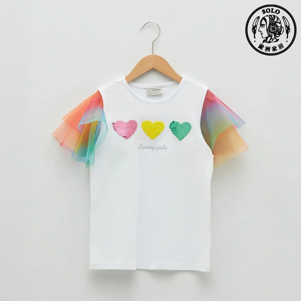 【SOLO歐洲家居】LCW 土耳其製 甜心彩虹紗亮片愛心女童T恤 上衣 女寶童裝 3-12歲, , large