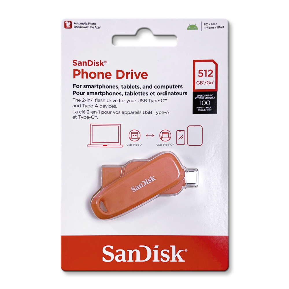 【SanDisk】Phone Drive DDC6 橘色 512G TYPE-C USB 3.2 雙用 OTG 旋轉隨身碟 讀取速度 100MB/s, , large