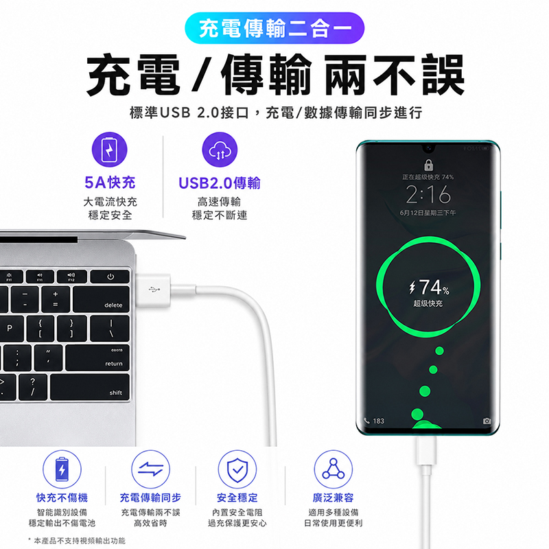 [翊承國際]【免運 + 贈品】5A 2米快充數據線, , large