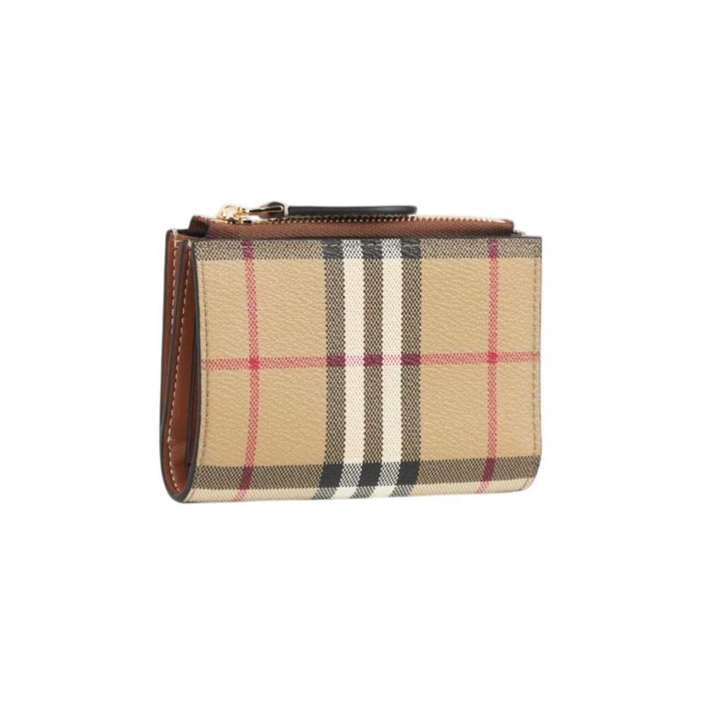 BURBERRY 格紋及小牛皮釦式二折短夾(經典米色/石楠木棕), , large