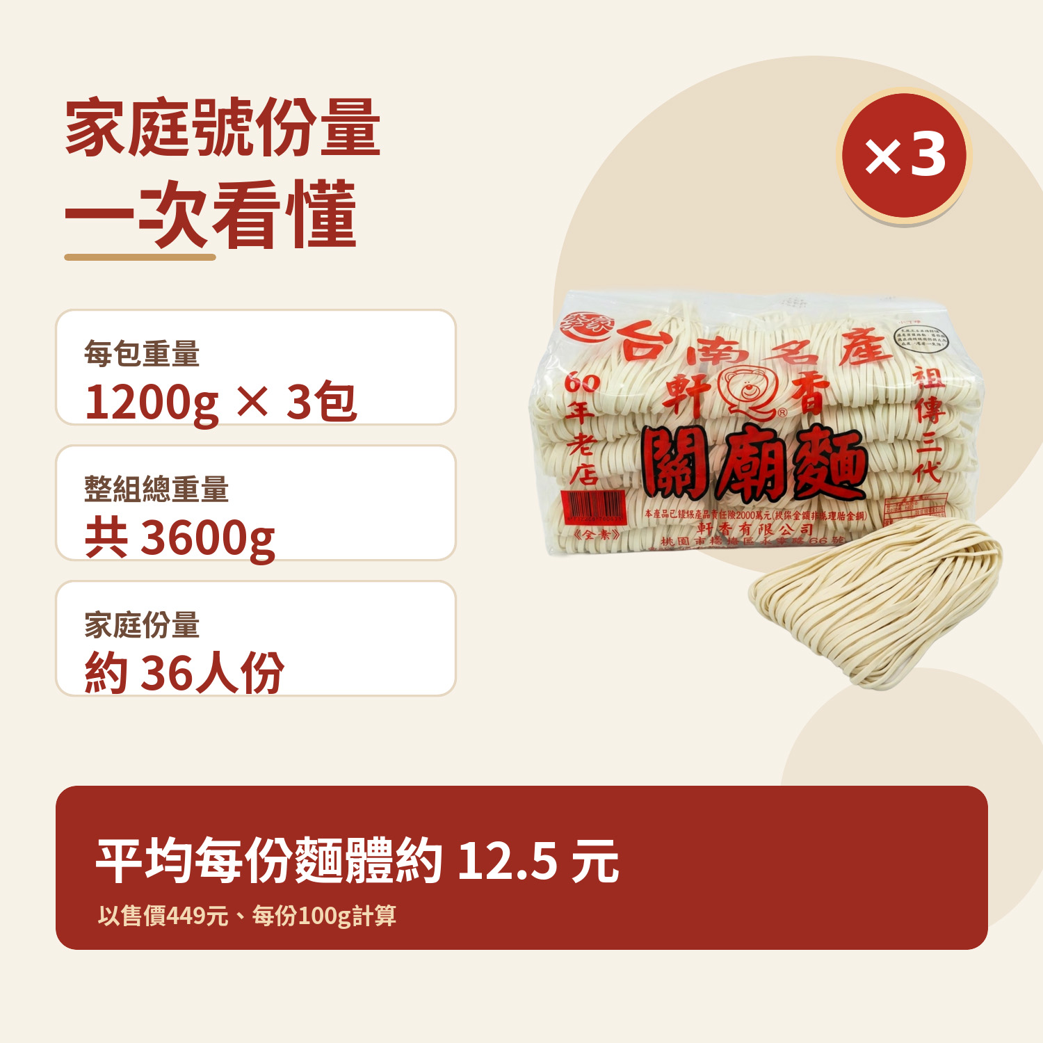 【軒香】台南關廟麵（寬）1200g&times;3包｜免運組, , large