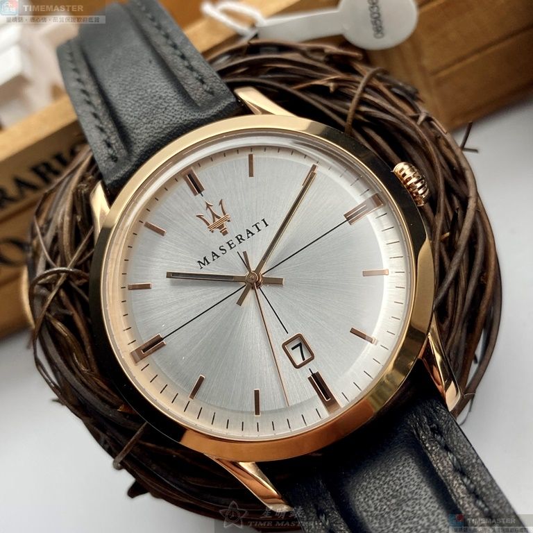 [星晴錶業]MASERATI手錶,42mm,R8851125005白色錶面玫瑰金錶殼深黑色真皮皮革錶帶款, , large