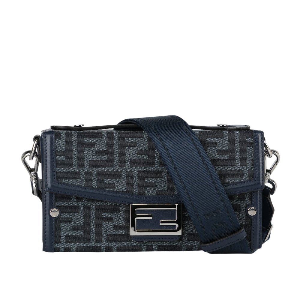 FENDI Soft Trunk FF Logo 緹花拼皮革二用包/牛仔藍, , large