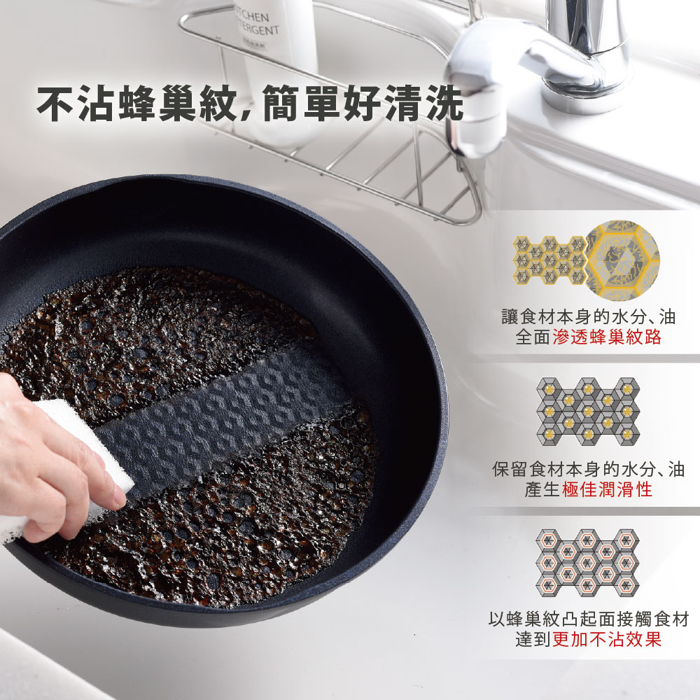 日本 Arnest 鑽石蜂巢紋不沾平底鍋26cm-深邃黑(瓦斯爐和IH爐可適用/兩百萬次耐磨）, , large