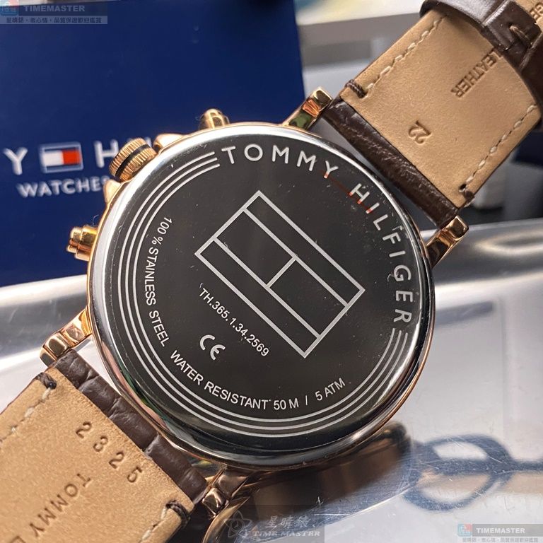 [星晴錶業]TommyHilfiger手錶,44mm,TH00003黑色錶面玫瑰金錶殼咖啡色真皮皮革錶帶款, , large