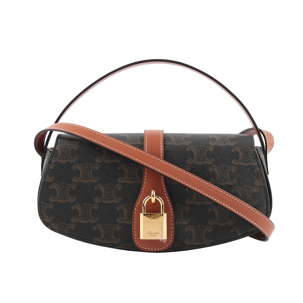 CELINE Tabou Triomphe 帆布鎖頭手提肩背二用包/咖啡色, , large