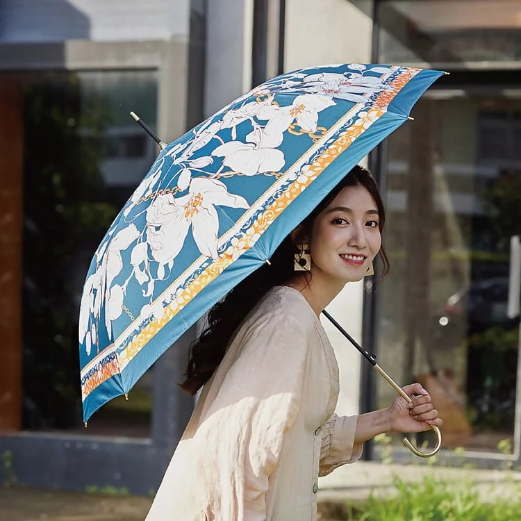 【周周生活】繁花絲巾 奢華粉 金柄彎頭直傘 輕量晴雨兩用 防潑水抗UV 長柄雨傘（現貨）, , large