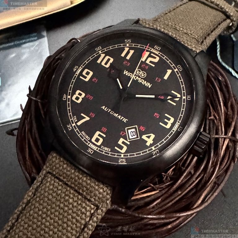 [星晴錶業]WAKMANN手錶,44mm,WA00041黑色錶面黑錶殼卡其色複合材質錶帶款, , large