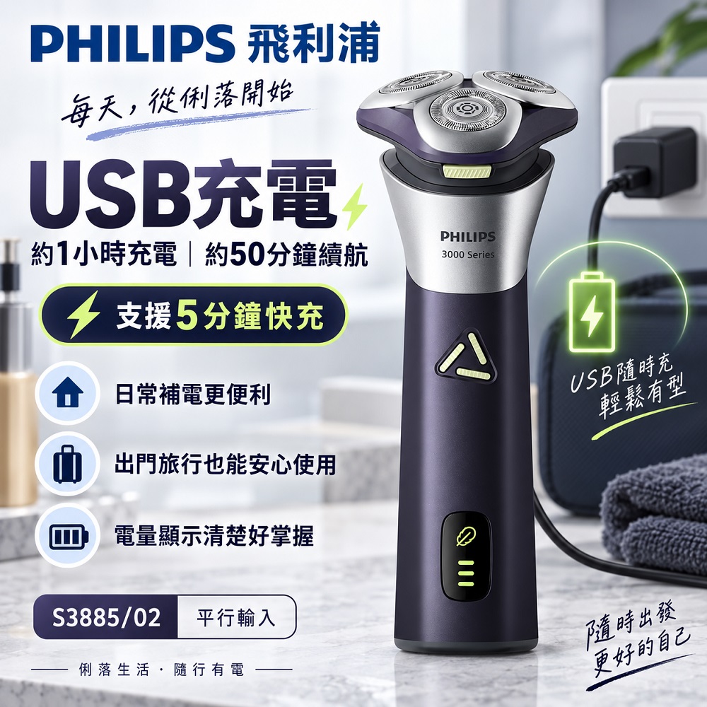 【Philips 飛利浦】SkinGlide舒適環柔剃模式6D靈動刀頭乾濕兩用電動刮鬍刀 S3885/02 買就送CME-SK500, , large
