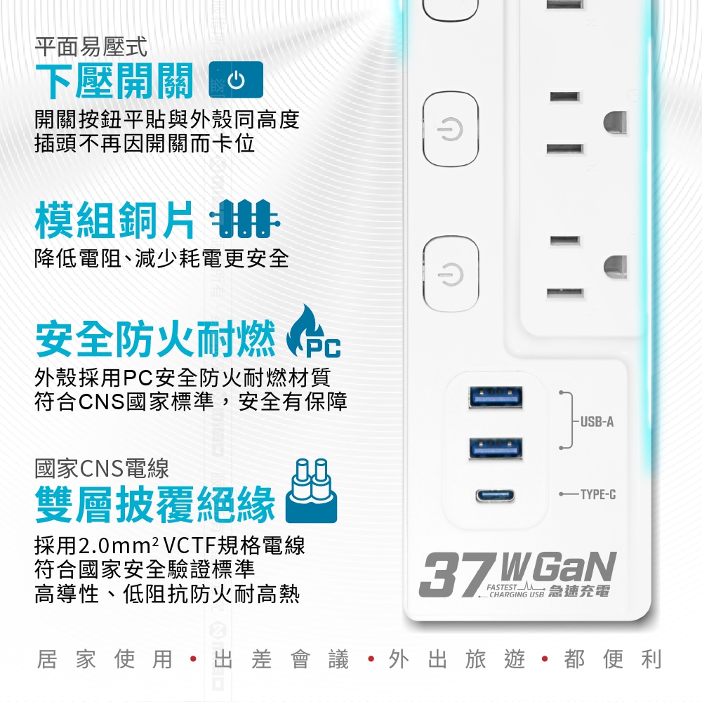 Energizer GaN 37W 6-port 3-outlet 5-port USB extension cable, 1.8m (2 USB ports, 1 TYPEC, new safety standard, made in Taiwan), , large
