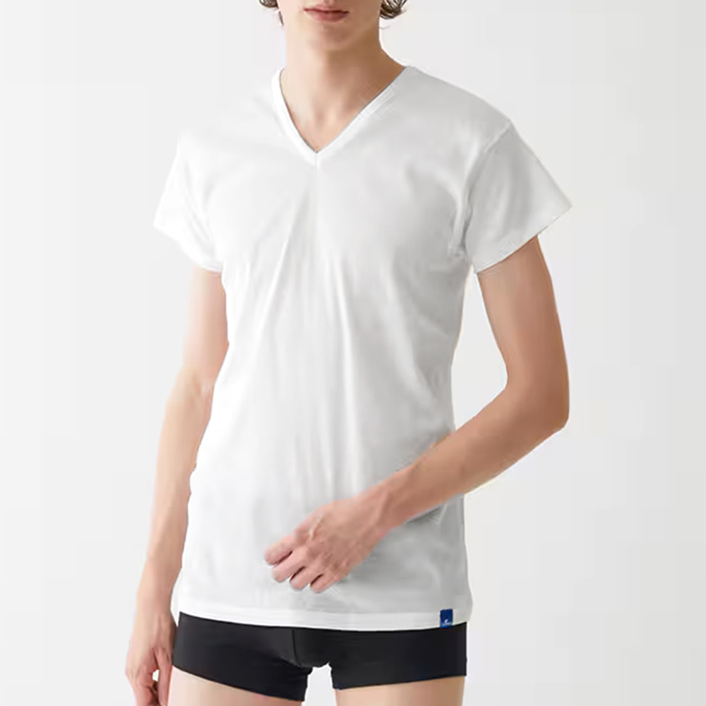 【日本郡是Gunze】日本製 COOLMAGIC 100%純棉 男士機能涼感 V領 短袖內衣 T-shirt(白色/黑色), , large