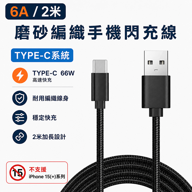 [翊承國際]【免運 + 贈品】6A二米磨砂編織手機閃充線, , large