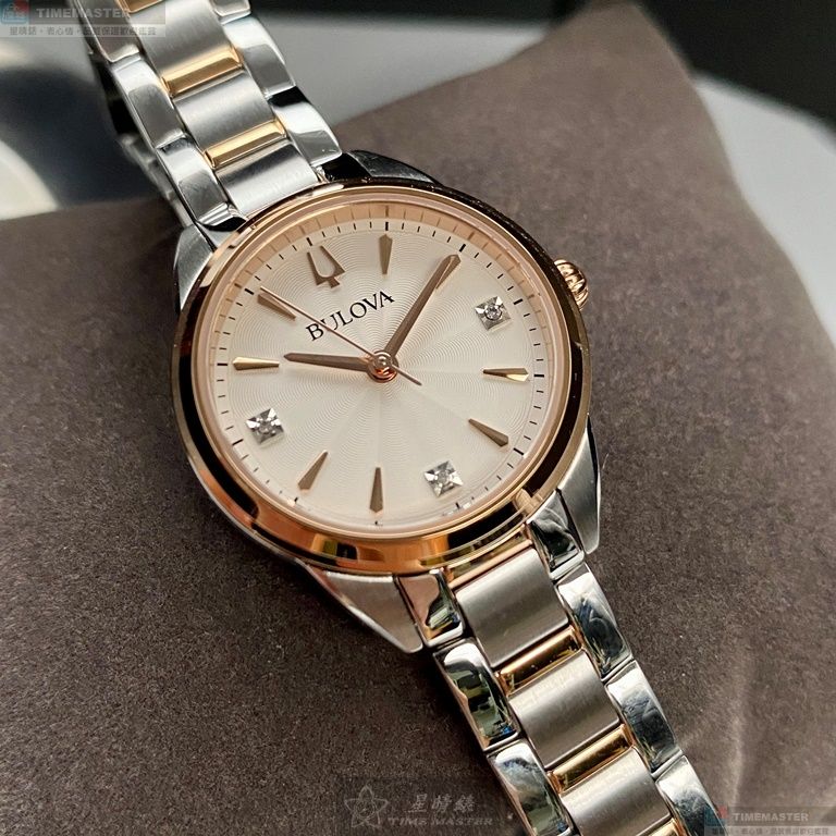 [星晴錶業]BULOVA手錶,28mm,BU00002白色錶面玫瑰金錶殼金銀相間精鋼錶帶款, , large