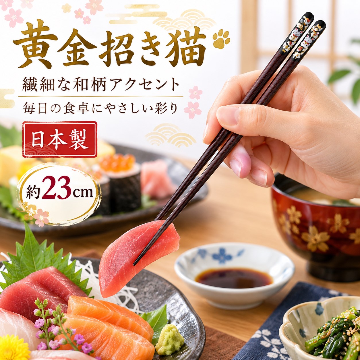 【HIYASU日安工坊】日本工藝箸-黃金招財貓 23cm, , large